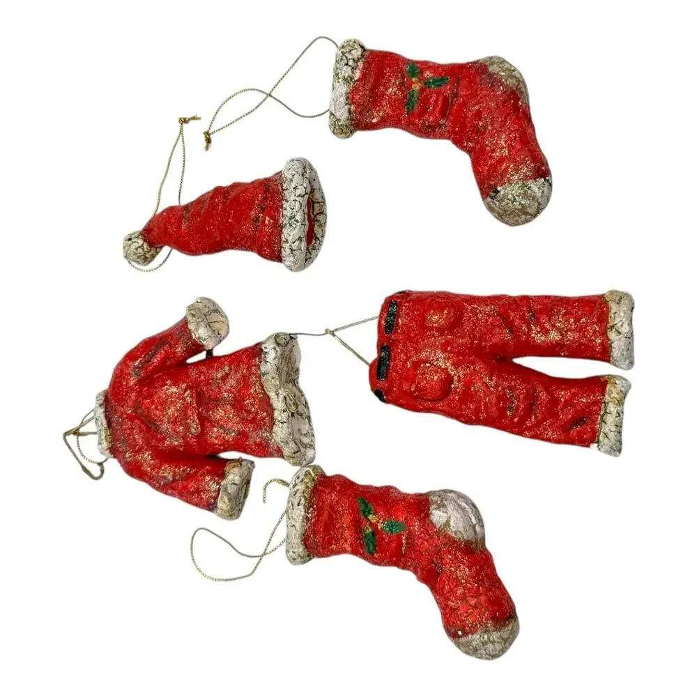 Set of 5 Santa Clothes Christmas Ornaments Red White Resin‎ Light Glitter EUC